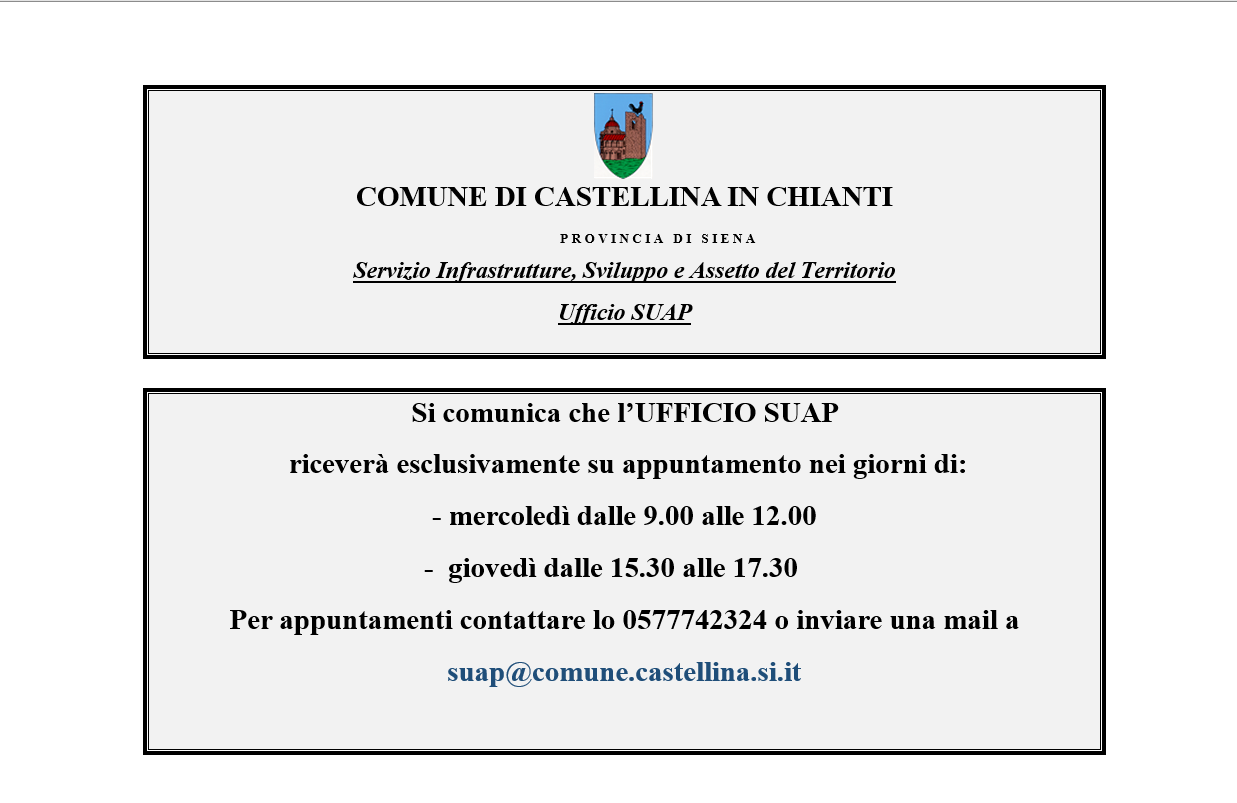 Nuovo Orario di Apertura al Pubblico del  Servizio Infrastrutture, Sviluppo ed Assetto del Territorio - Ufficio Suap